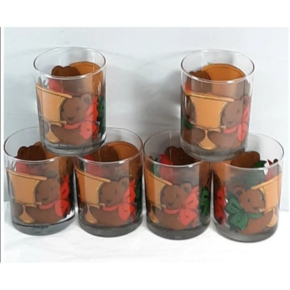 Vintage Neiman Marcus Christmas Holiday Teddy Bear Glasses Set of 6